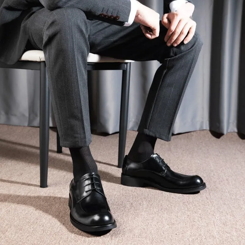 Height Increase Leather Shoes for Men, Cowhide Dress Lace-up Shoes, Fashion Pointed Toe Black Casual Business Shoes
