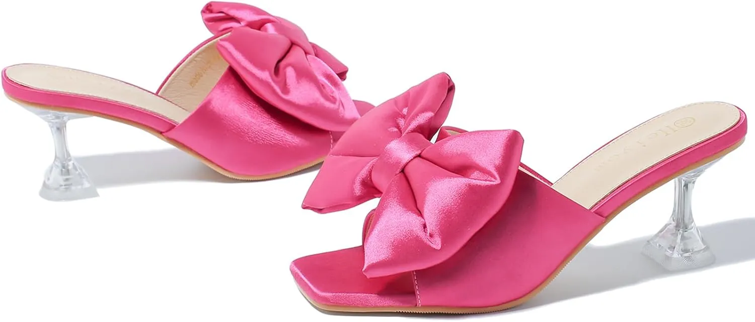 Heiyom Women's Bow Clear Heels Slippers Dress Sandals Square Toe Stiletto Mules Slip on Wedding Prom Shoes
