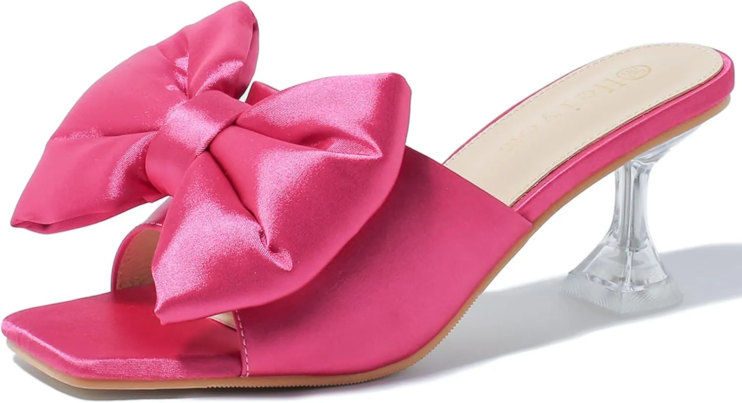 Heiyom Women's Bow Clear Heels Slippers Dress Sandals Square Toe Stiletto Mules Slip on Wedding Prom Shoes