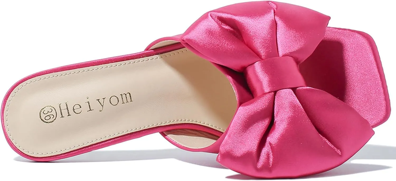 Heiyom Women's Bow Clear Heels Slippers Dress Sandals Square Toe Stiletto Mules Slip on Wedding Prom Shoes