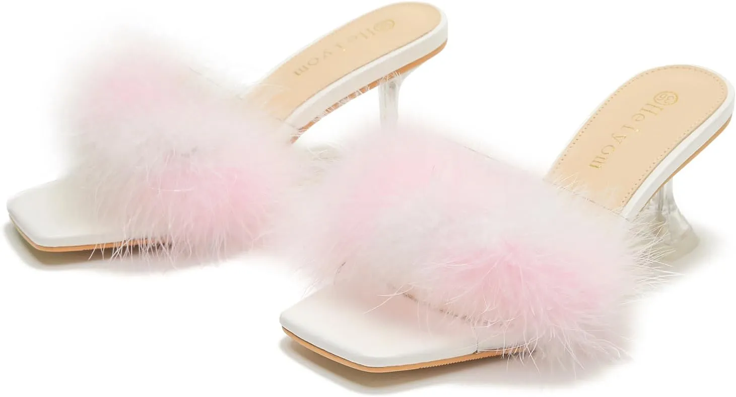 Heiyom Women's Square Toe Low Stilettos Heels Mules Sandals Fluffy Feather Slip on Clear Low Heels Wedding Bridal Party Dress Shoes