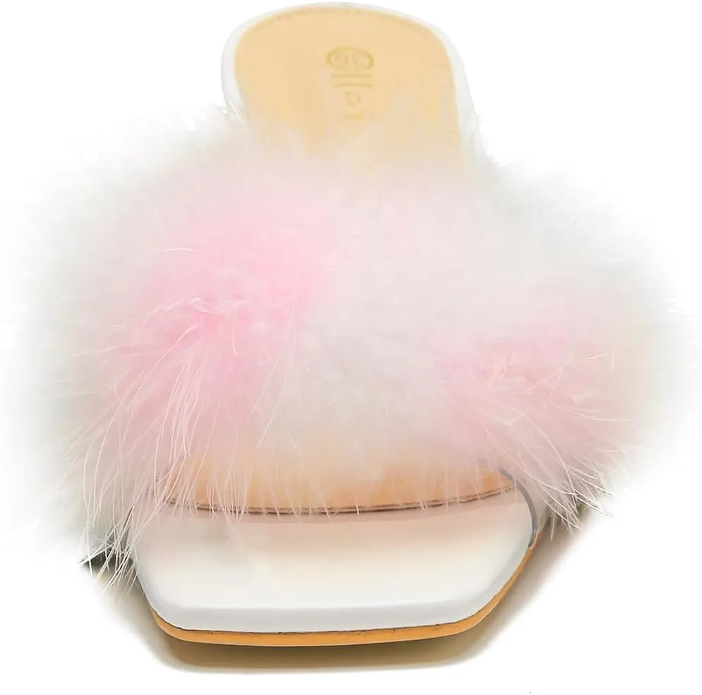 Heiyom Women's Square Toe Low Stilettos Heels Mules Sandals Fluffy Feather Slip on Clear Low Heels Wedding Bridal Party Dress Shoes