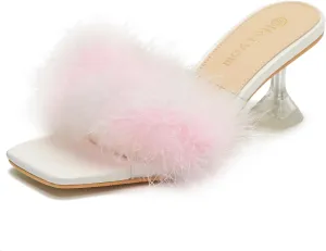 Heiyom Women's Square Toe Low Stilettos Heels Mules Sandals Fluffy Feather Slip on Clear Low Heels Wedding Bridal Party Dress Shoes