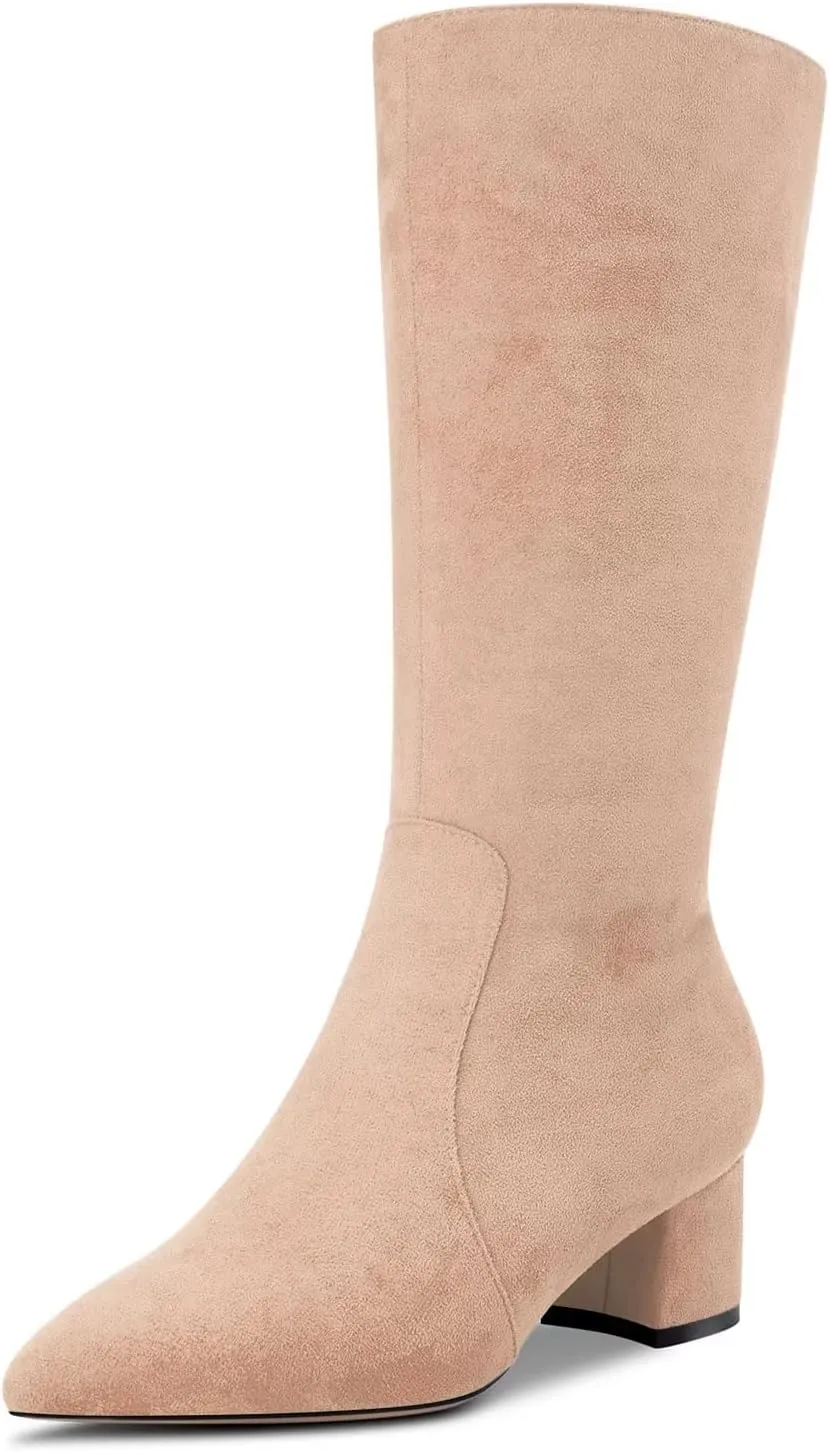 HEUIVZAR Women Chunky Block Low Heel Pointed Toe Mid Calf Boots Zipper Wedding Cute 2.0 Inches Heels