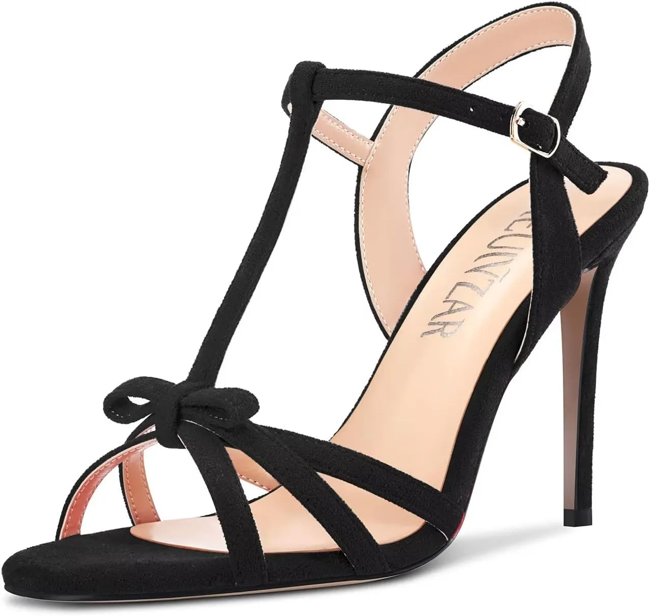 HEUIVZAR Women Stiletto High Heel Peep Open Toe Pumps T-Strap Buckle Bow-Knot Wedding Dress 3.9 Inches Heels