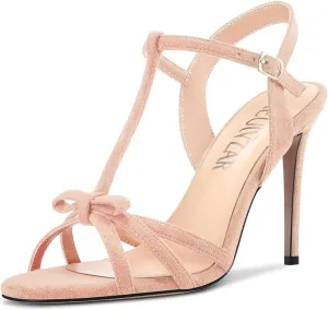 HEUIVZAR Women Stiletto High Heel Peep Open Toe Pumps T-Strap Buckle Bow-Knot Wedding Dress 3.9 Inches Heels