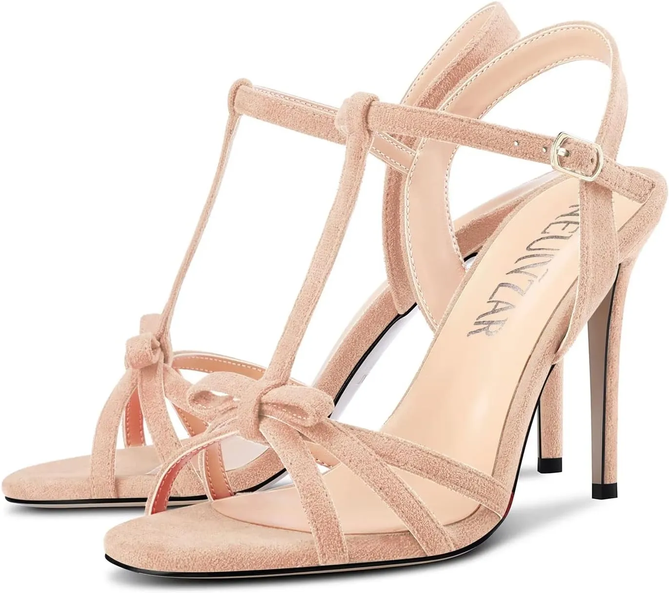HEUIVZAR Women Stiletto High Heel Peep Open Toe Pumps T-Strap Buckle Bow-Knot Wedding Dress 3.9 Inches Heels
