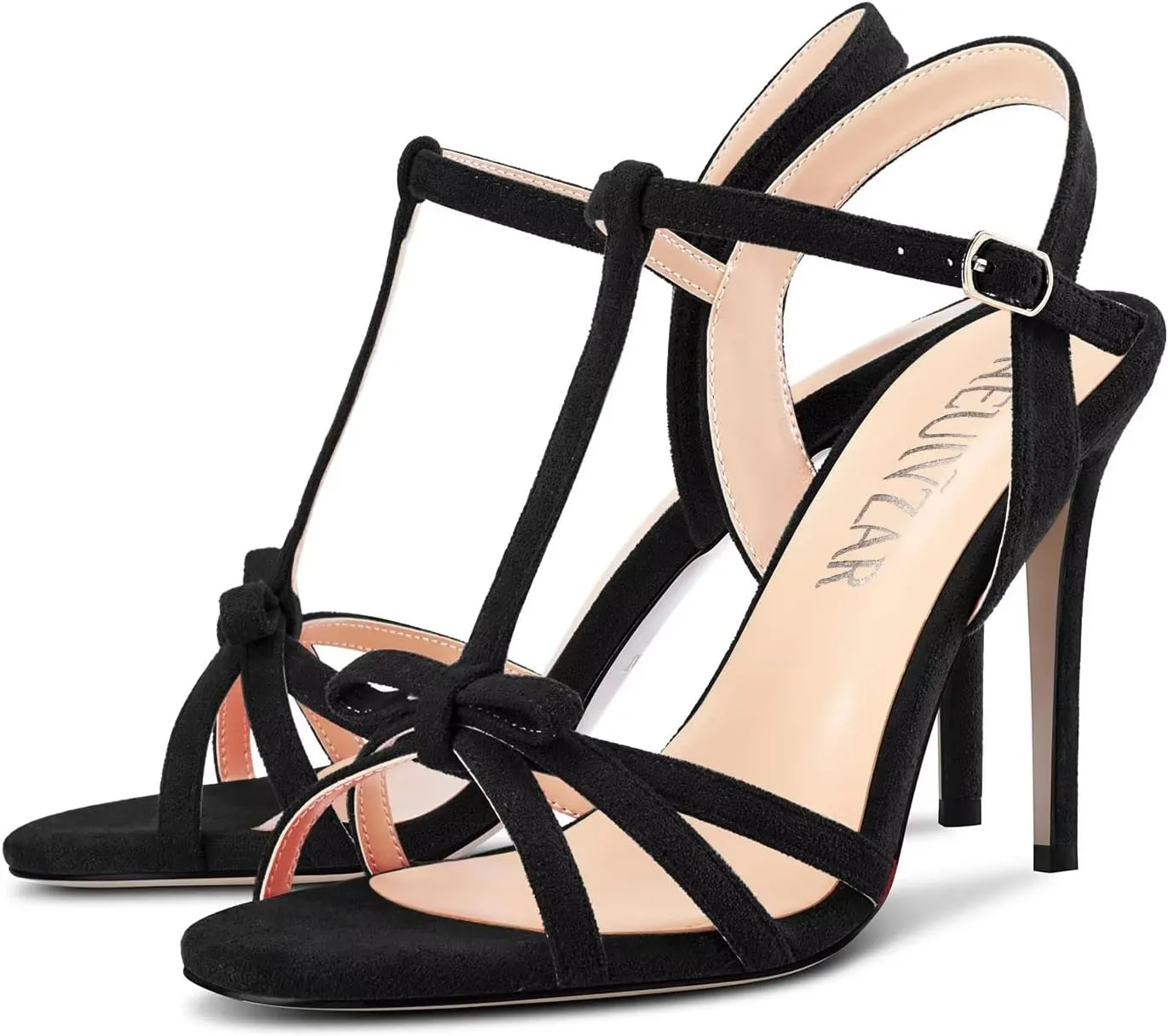 HEUIVZAR Women Stiletto High Heel Peep Open Toe Pumps T-Strap Buckle Bow-Knot Wedding Dress 3.9 Inches Heels