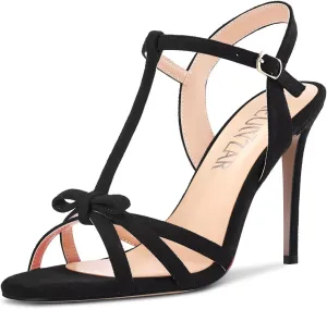 HEUIVZAR Women Stiletto High Heel Peep Open Toe Pumps T-Strap Buckle Bow-Knot Wedding Dress 3.9 Inches Heels
