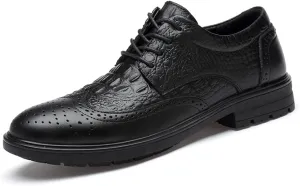 HOOENG Dress Oxford for Men Lace Up Crocodile Brogue Embossed Wing Tip Almond Toe Leather Slip Resistant Block Heel Non Slip Anti-Slip Classic (Color : Black, Size : 7)