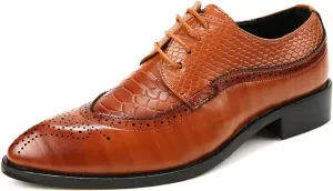 HOOENG Dress Oxford Shoes for Men Lace Up Brogue Embossed Crocodile Embossed Leather Low Top Slip Resistant Rubber Sole Wedding (Color : Yellow, Size : 6.5)