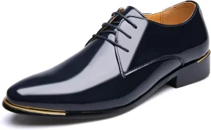 HOOENG Dress Oxford Shoes for Men Lace Up Shiny Round Toe Derby Shoes Patent Leather Non Slip Rubber Sole Block Heel Low Top Business (Color : Blue, Size : 11.5)