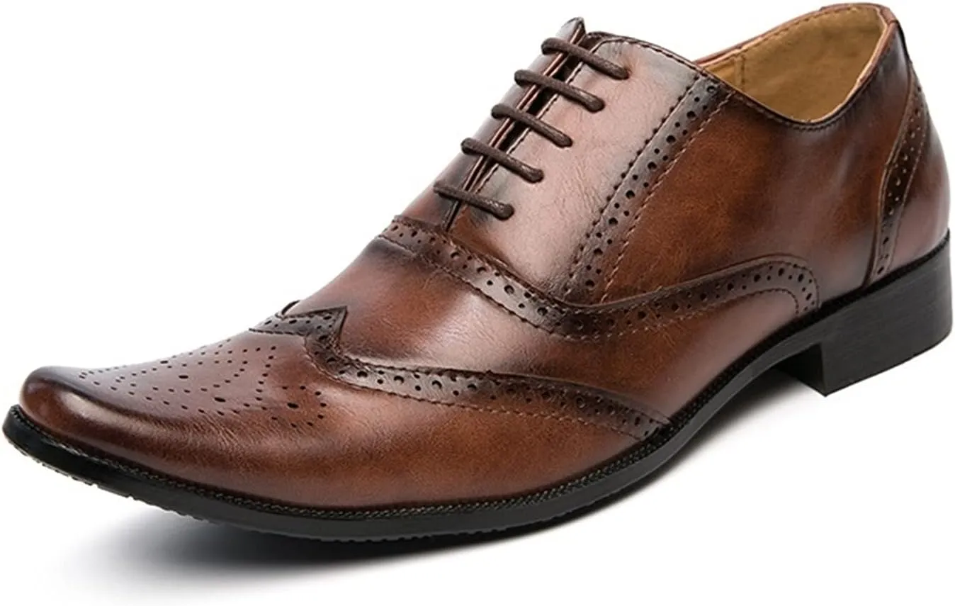 HOOENG Dress Shoes for Men Lace Up Brogue Embossed Wing Tip Plain Burnished Toe Vegan Leather Rubber Sole Non Slip Resistant Prom (Color : Brown, Size : 7.5)