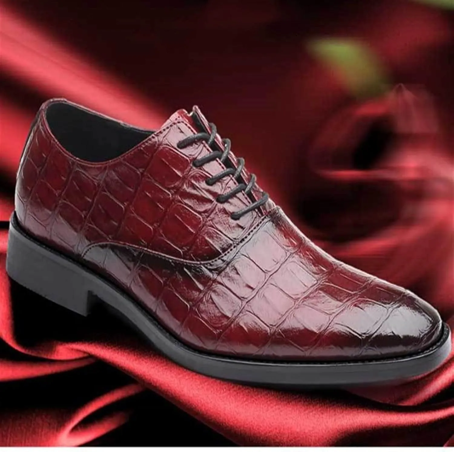 HOOENG Dress Shoes for Men Lace Up Burnished Toe Crocodile Print Shoes PU Leather Rubber Sole Non Slip Block Heel Slip Resistant Prom
