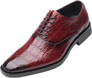 HOOENG Dress Shoes for Men Lace Up Burnished Toe Crocodile Print Shoes PU Leather Rubber Sole Non Slip Block Heel Slip Resistant Prom