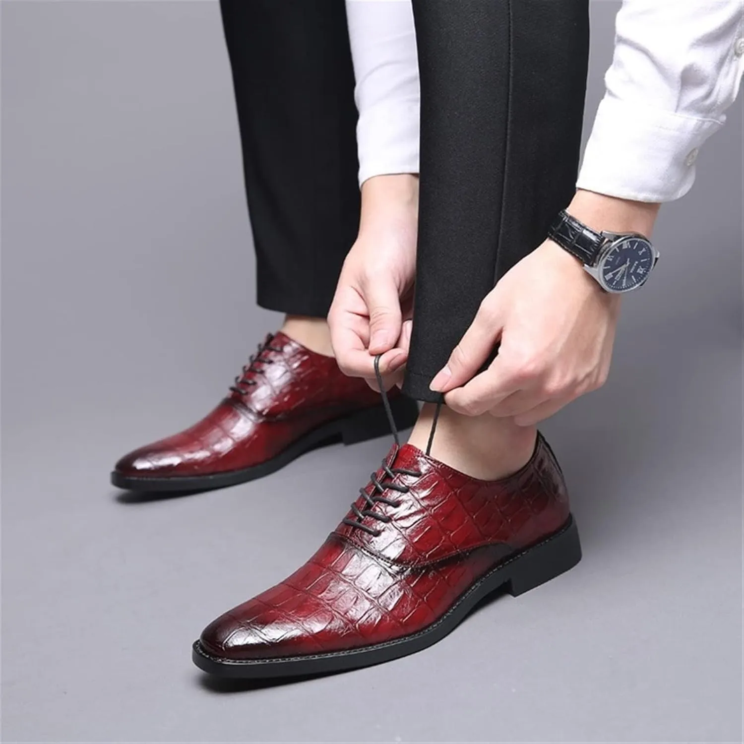 HOOENG Dress Shoes for Men Lace Up Burnished Toe Crocodile Print Shoes PU Leather Rubber Sole Non Slip Block Heel Slip Resistant Prom