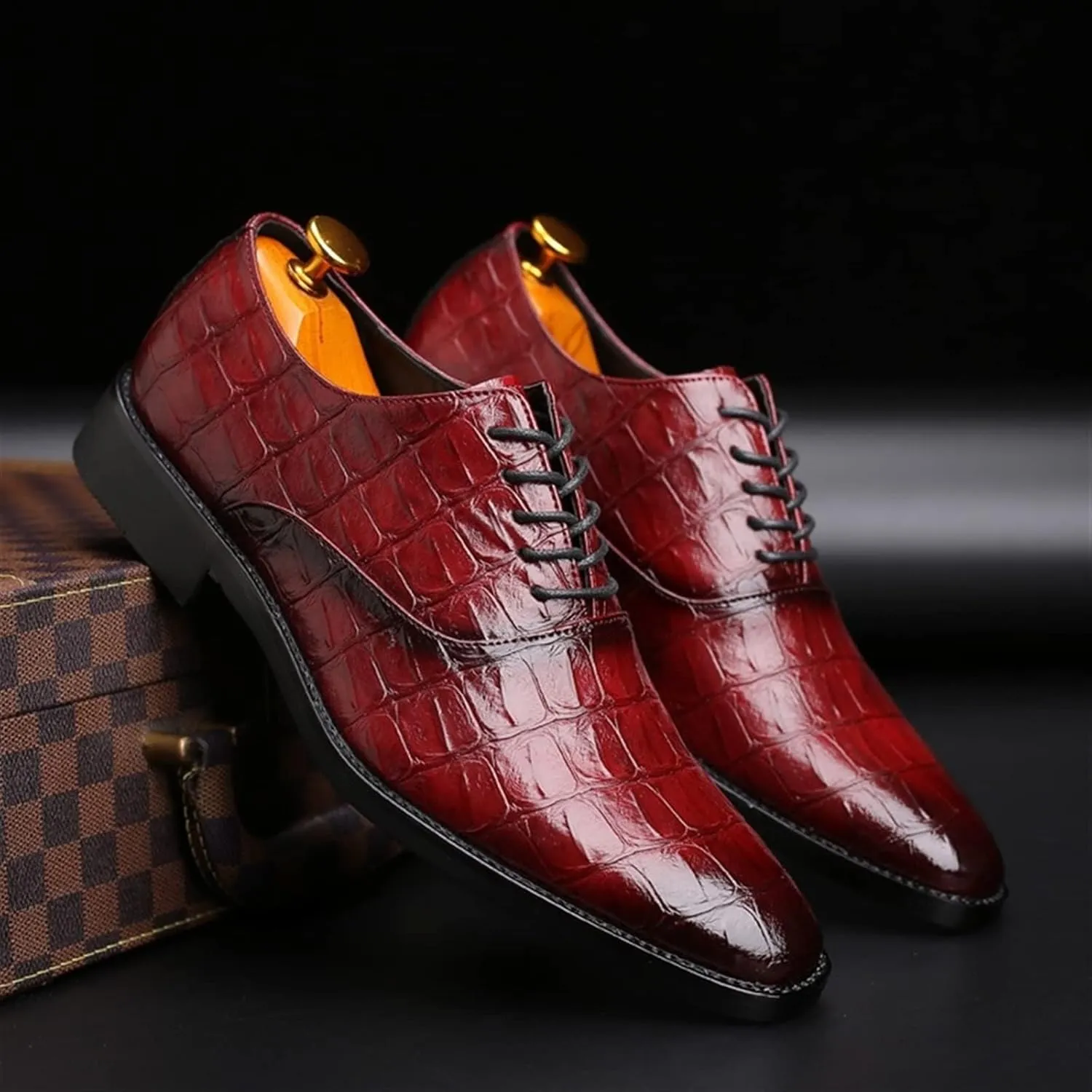 HOOENG Dress Shoes for Men Lace Up Burnished Toe Crocodile Print Shoes PU Leather Rubber Sole Non Slip Block Heel Slip Resistant Prom