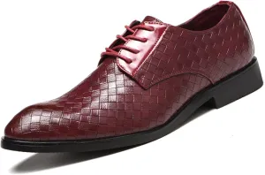 HOOENG Dress Shoes for Men Lace Up Round Toe Plaid Derby Shoes PU Leather Anti-Slip Rubber Sole Slip Resistant Low Top Prom (Color : Red, Size : 7)