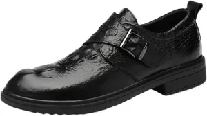 HOOENG Dress Shoes for Men Slip on Crocodile Embossed Monk Strap Vegan Leather Block Heel Low Top Rubber Sole Non Slip Resistant Working (Color : Black, Size : 10.5)