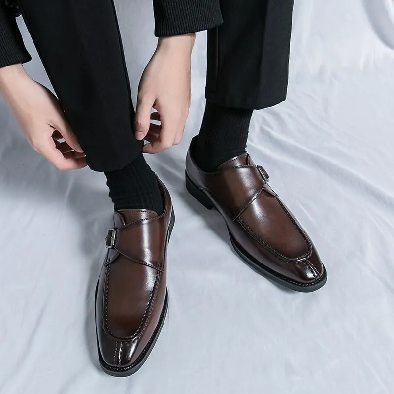 HOOENG Dress Shoes for Men Slip On Square Burnished Toe Monk Strap Split Toe Vegan Leather Resistant Non Slip Rubber Sole Casual