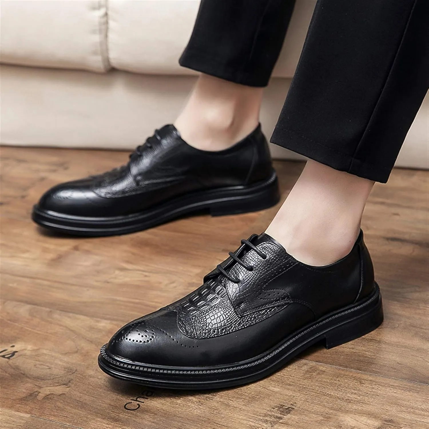 HOOENG Formal Dress Shoes for Men Lace Up Round Burnished Toe Crocodile Embossed Brogues Wingtips PU Leather Low Top Slip Resistant Anti-Slip Business