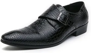 HOOENG Formal Shoes for Men Slip On Pointed Burnished Toe Faux Leather Crocodile Print Monk Strap Block Heel Slip Resistant Anti-Slip Outdoor(Color:Black,Size:10)