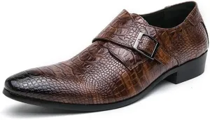 HOOENG Formal Shoes for Men Slip On Pointed Burnished Toe Faux Leather Crocodile Print Monk Strap Block Heel Slip Resistant Anti-Slip Outdoor(Color:Brown,Size:7)