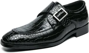 HOOENG Formal Shoes for Men Slip on Split Toe Crocodile Embossed Monk Strap Leather Anti-Slip Low Top Rubber Sole Non Slip Walking (Color : Black, Size : 9)