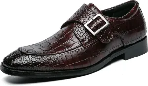 HOOENG Formal Shoes for Men Slip on Split Toe Crocodile Embossed Monk Strap Leather Anti-Slip Low Top Rubber Sole Non Slip Walking (Color : Brown, Size : 8)
