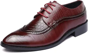 HOOENG Oxford Shoes for Men Lace Up Brogue Embossed Crocodile Embossed PU Leather Low Top Block Heel Slip Resistant Business (Color : Red, Size : 11.5)