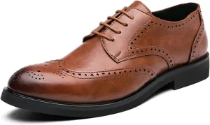 HOOENG Oxford Shoes for Men Lace Up Burnished Round Toe Brogue Embossed Wingtip Faux Leather Rubber Sole Low Top Block Heel Prom (Color : Brown, Size : 8)