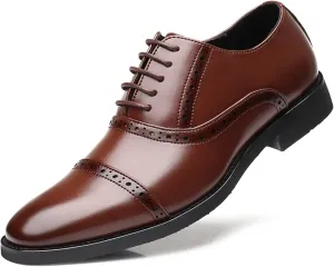 HOOENG Oxford Shoes for Men Lace Up Cap Toe Round Burnished Toe Vegan Leather Slip Resistant Anti-Slip Non Slip Block Heel Rubber Sole Classic (Color : Brown, Size : 10)