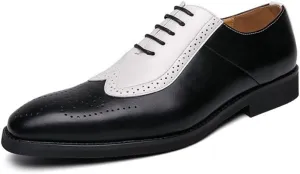HOOENG Oxford Shoes for Men Lace Up Two Tone Square Toe Brogue Embossed Wing tip Vegan Leather Non Slip Rubber Sole Slip Resistant Block Heel Classic