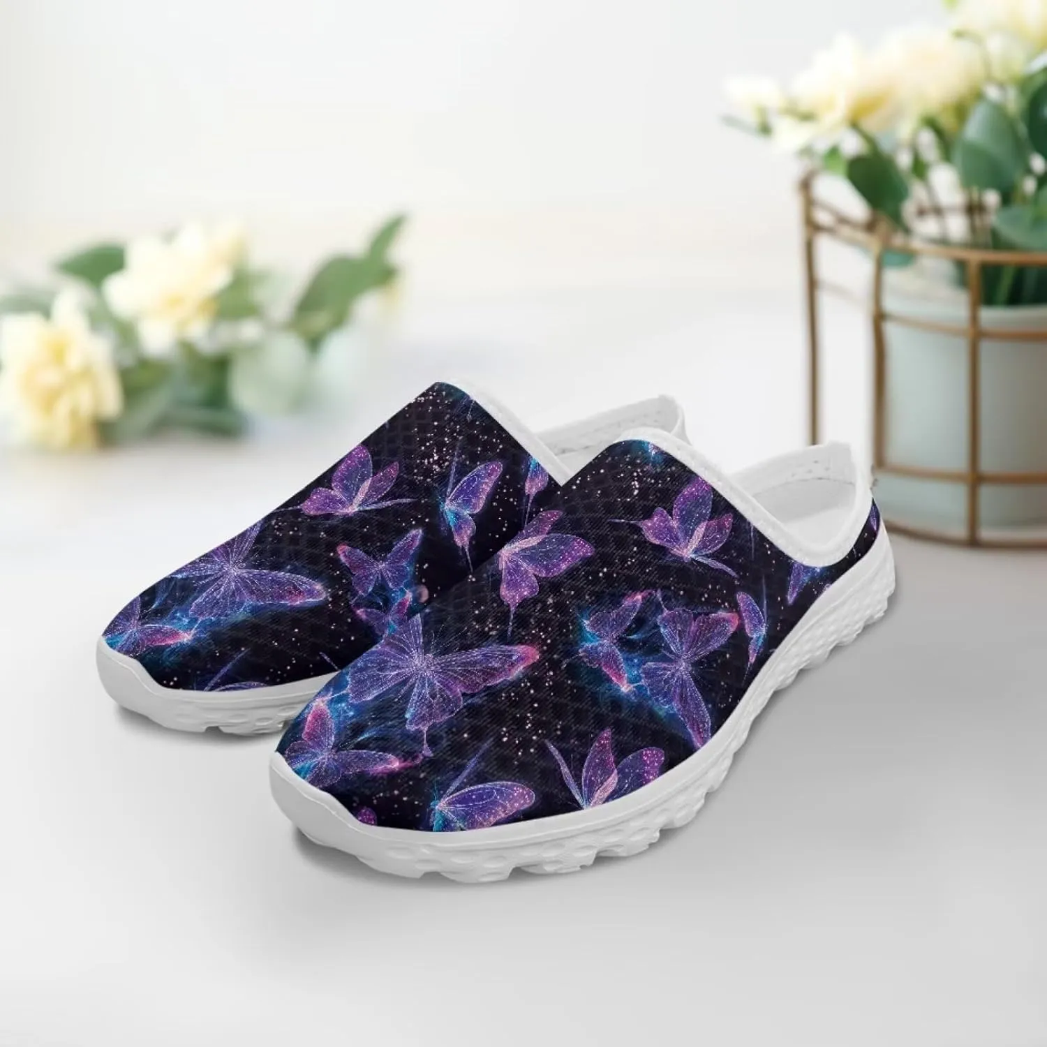 Howilath Butterfly & Dragonfly Mule Tennis Shoes for Women Anti-Slip Mule Sneakers Slip on Tennis Shoes Casual Loafers