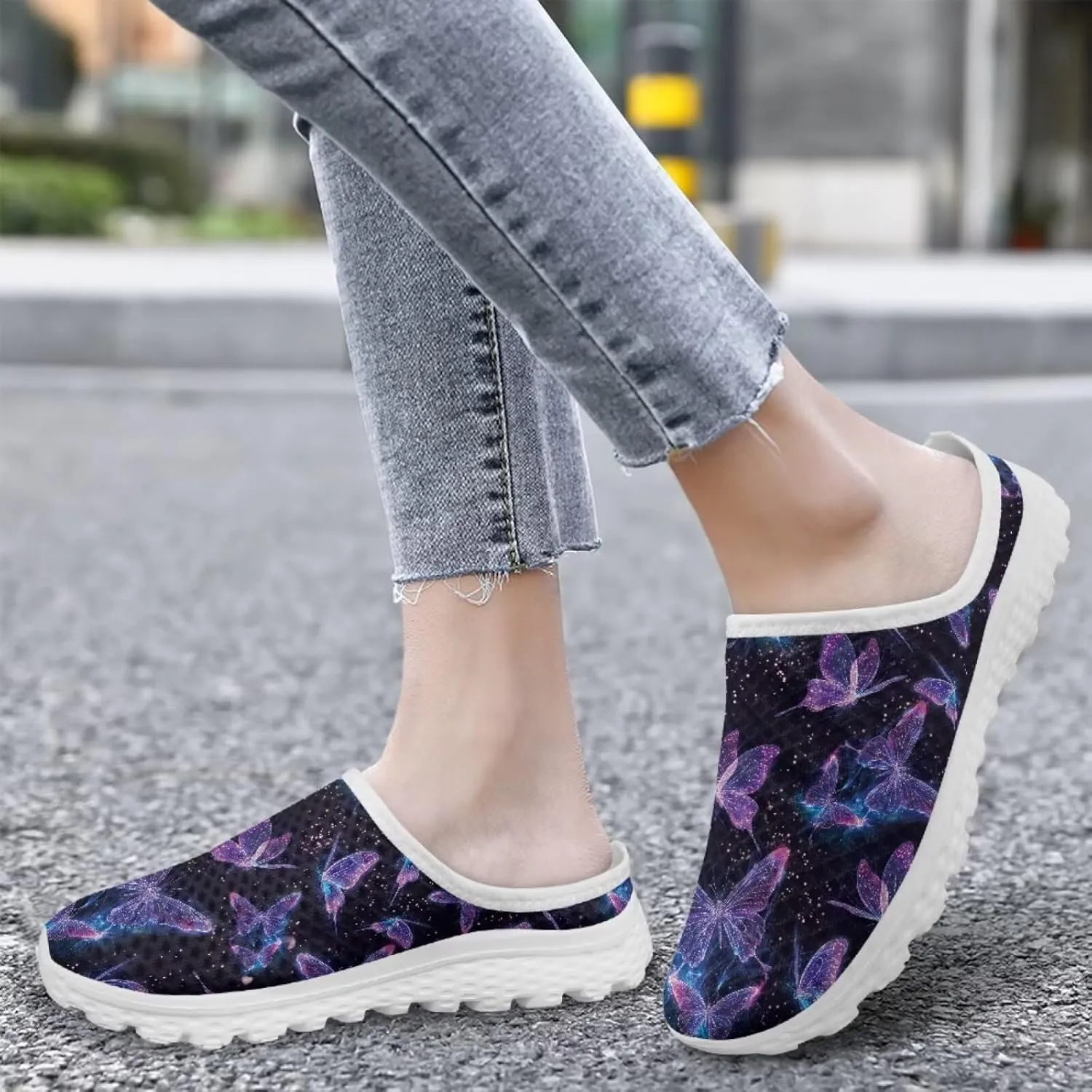 Howilath Butterfly & Dragonfly Mule Tennis Shoes for Women Anti-Slip Mule Sneakers Slip on Tennis Shoes Casual Loafers