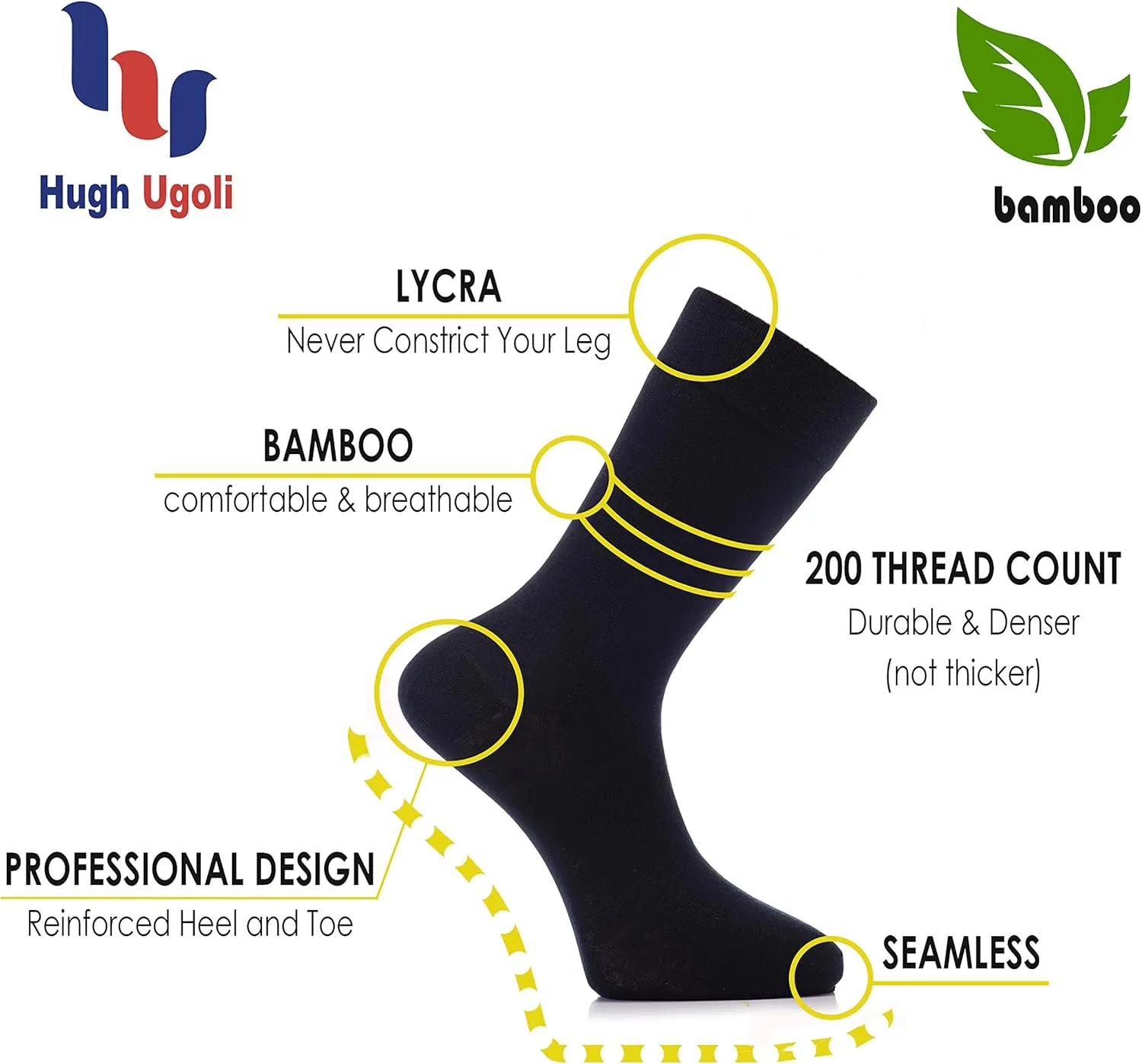 Hugh Ugoli Men's Bamboo Dress Socks for Business & Trouser, Thin & Seamless Crew Socks, 4 Pairs with Gift Box, Shoe Size 8-12