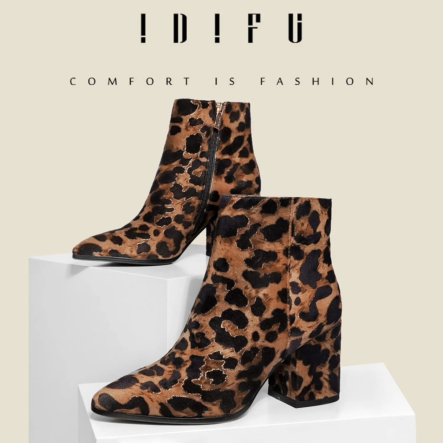 IDIFU Women Dress Ankle Boot with Low Chunky Heel Pointed Toe Side Zipper Bootie Shoe for Women Office Business Date Wedding