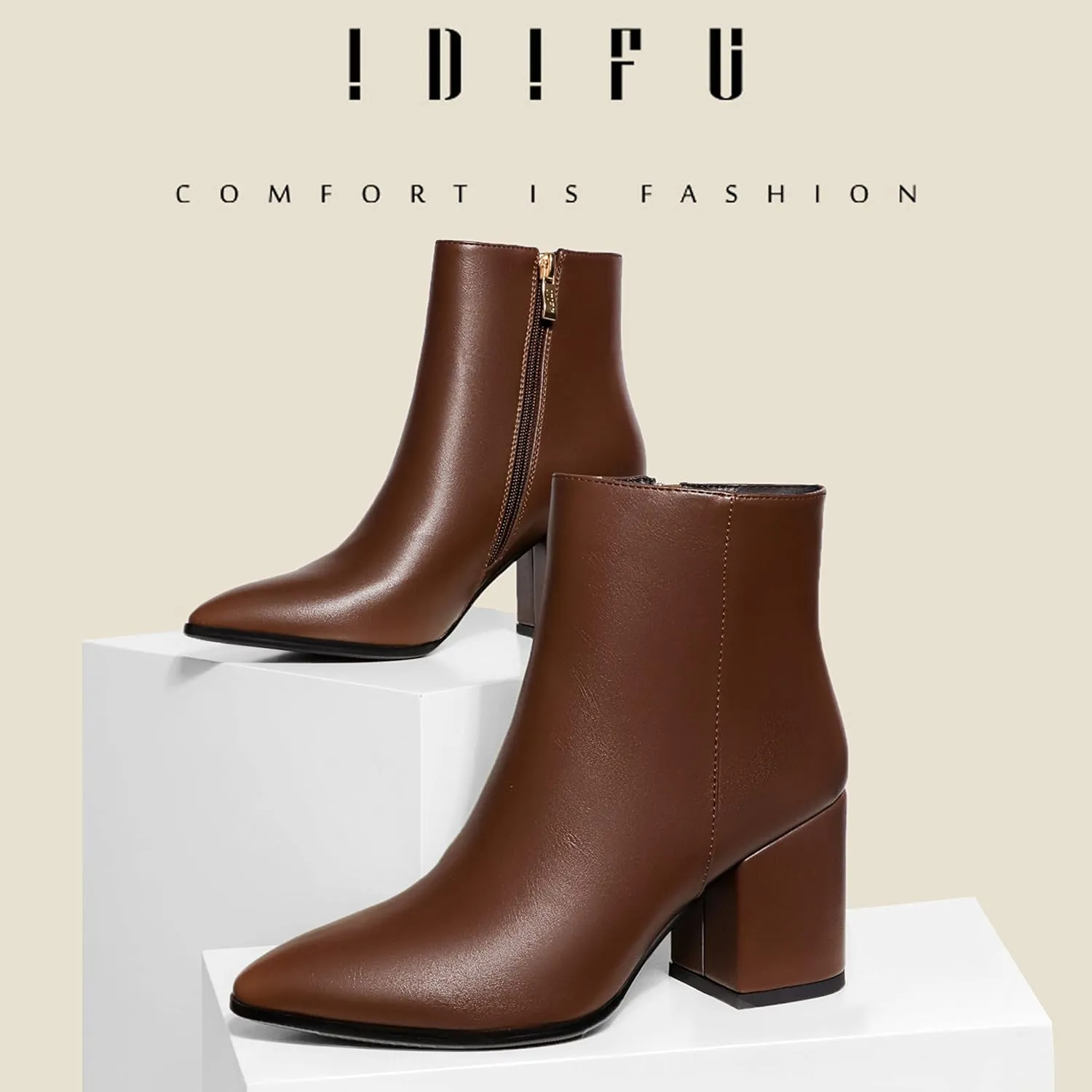 IDIFU Women Dress Ankle Boot with Low Chunky Heel Pointed Toe Side Zipper Bootie Shoe for Women Office Business Date Wedding