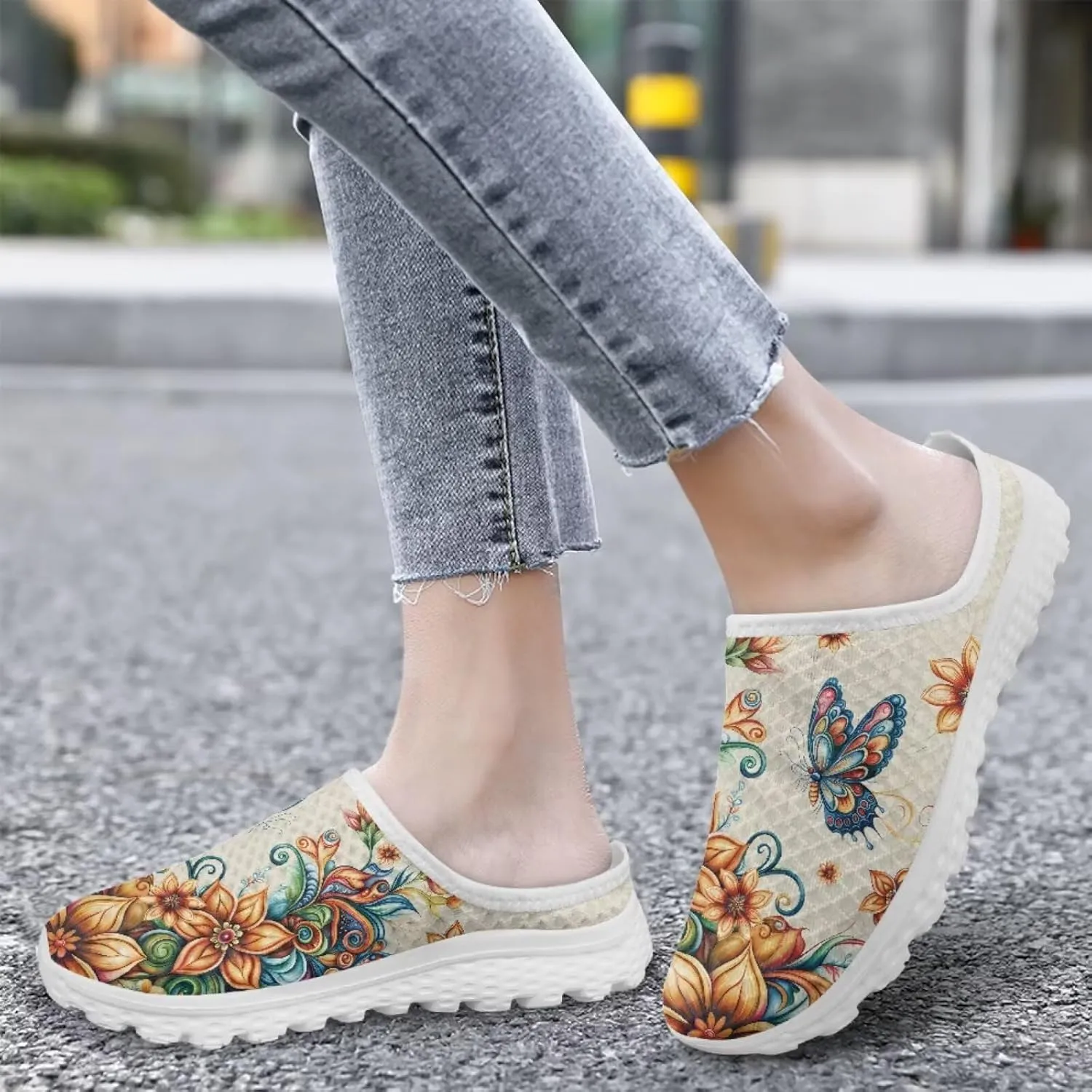 Jeiento Womens Butterfly Pattern Mules Shoes Breathable Mesh Walking Sneaker Comfort Flats House Slippers for Work,Travel