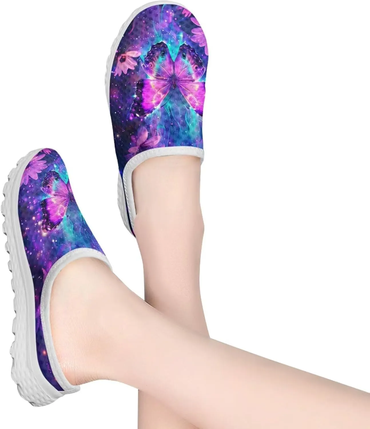 Jeiento Womens Butterfly Pattern Mules Shoes Breathable Mesh Walking Sneaker Comfort Flats House Slippers for Work,Travel