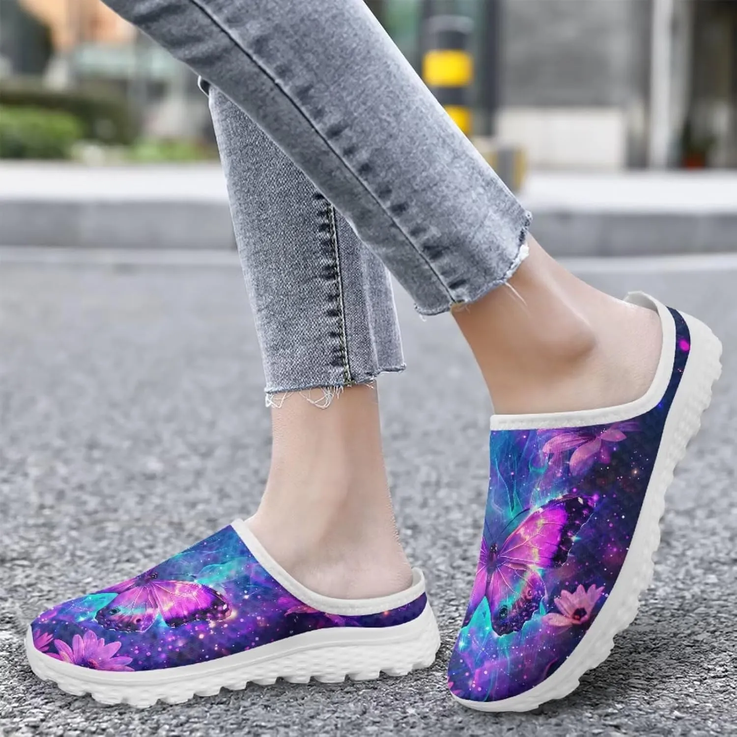Jeiento Womens Butterfly Pattern Mules Shoes Breathable Mesh Walking Sneaker Comfort Flats House Slippers for Work,Travel