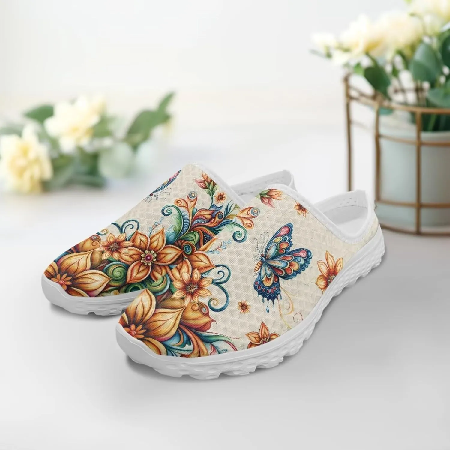 Jeiento Womens Butterfly Pattern Mules Shoes Breathable Mesh Walking Sneaker Comfort Flats House Slippers for Work,Travel