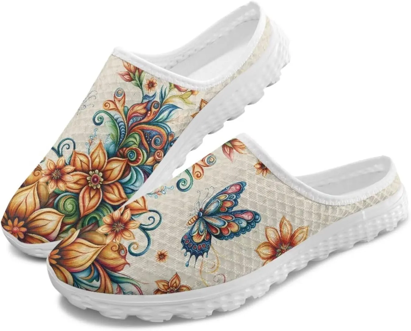 Jeiento Womens Butterfly Pattern Mules Shoes Breathable Mesh Walking Sneaker Comfort Flats House Slippers for Work,Travel