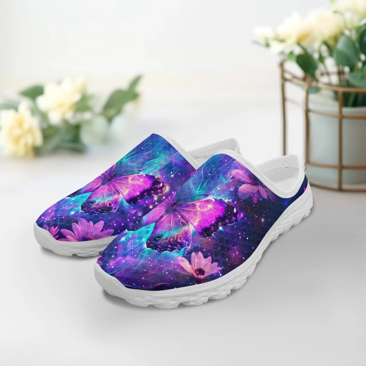 Jeiento Womens Butterfly Pattern Mules Shoes Breathable Mesh Walking Sneaker Comfort Flats House Slippers for Work,Travel