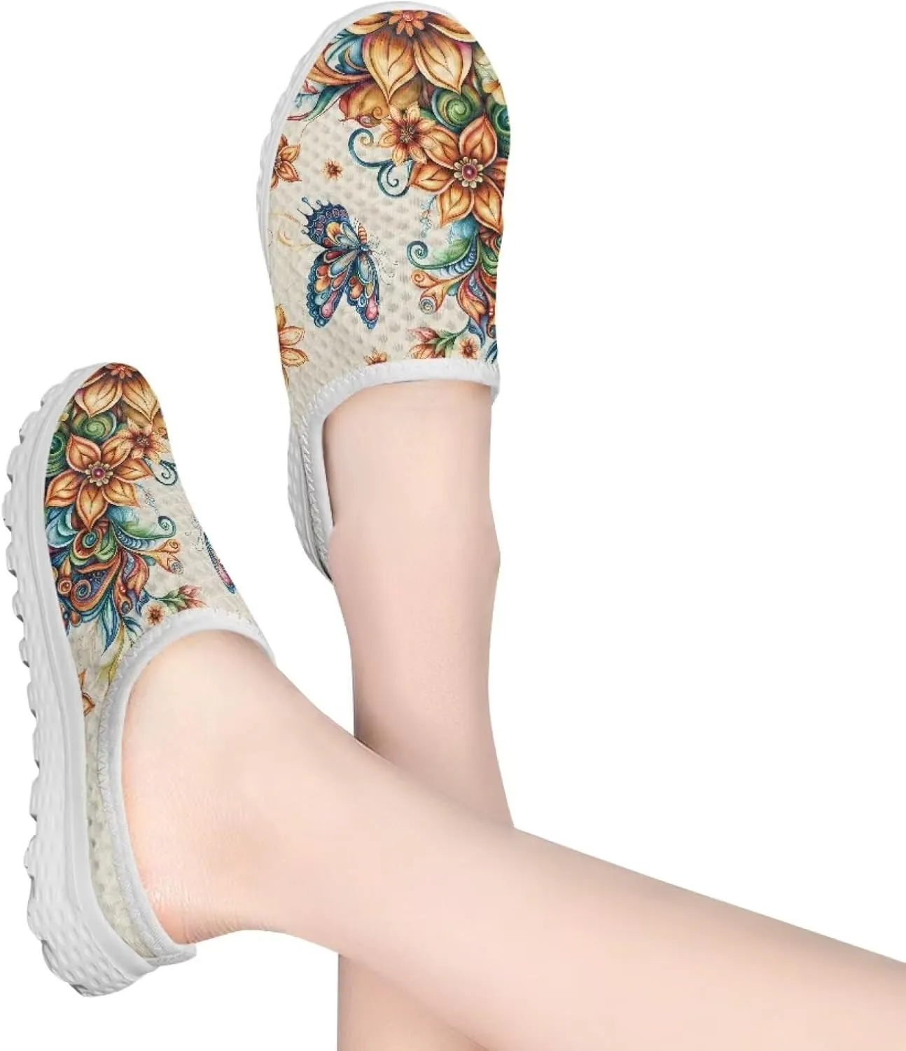Jeiento Womens Butterfly Pattern Mules Shoes Breathable Mesh Walking Sneaker Comfort Flats House Slippers for Work,Travel