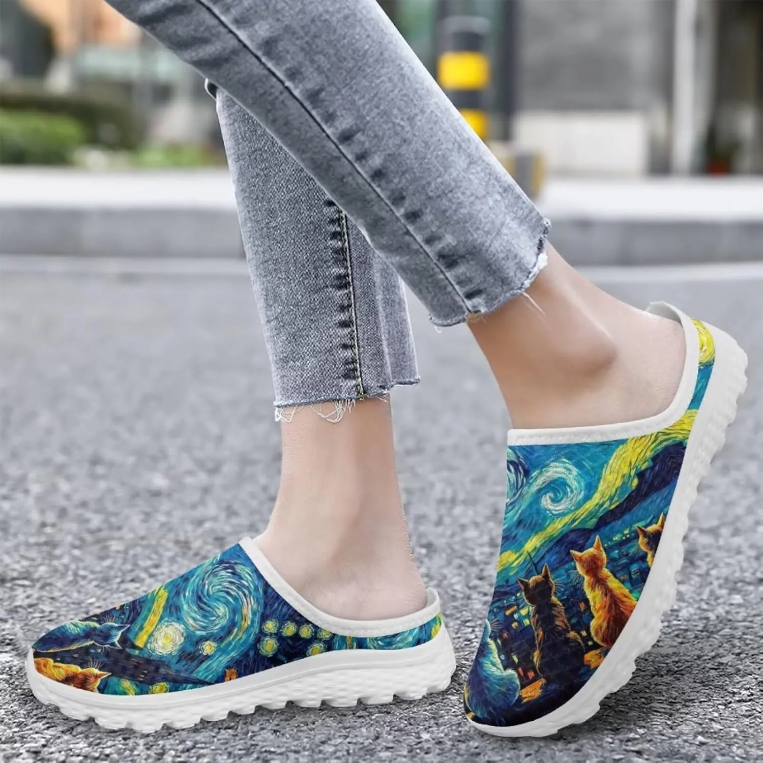 Jeiento Womens Slip On Mules Shoes Cute Cat Shoes Mesh Breathable Walking Sneakers Backless Fashion Sneakers