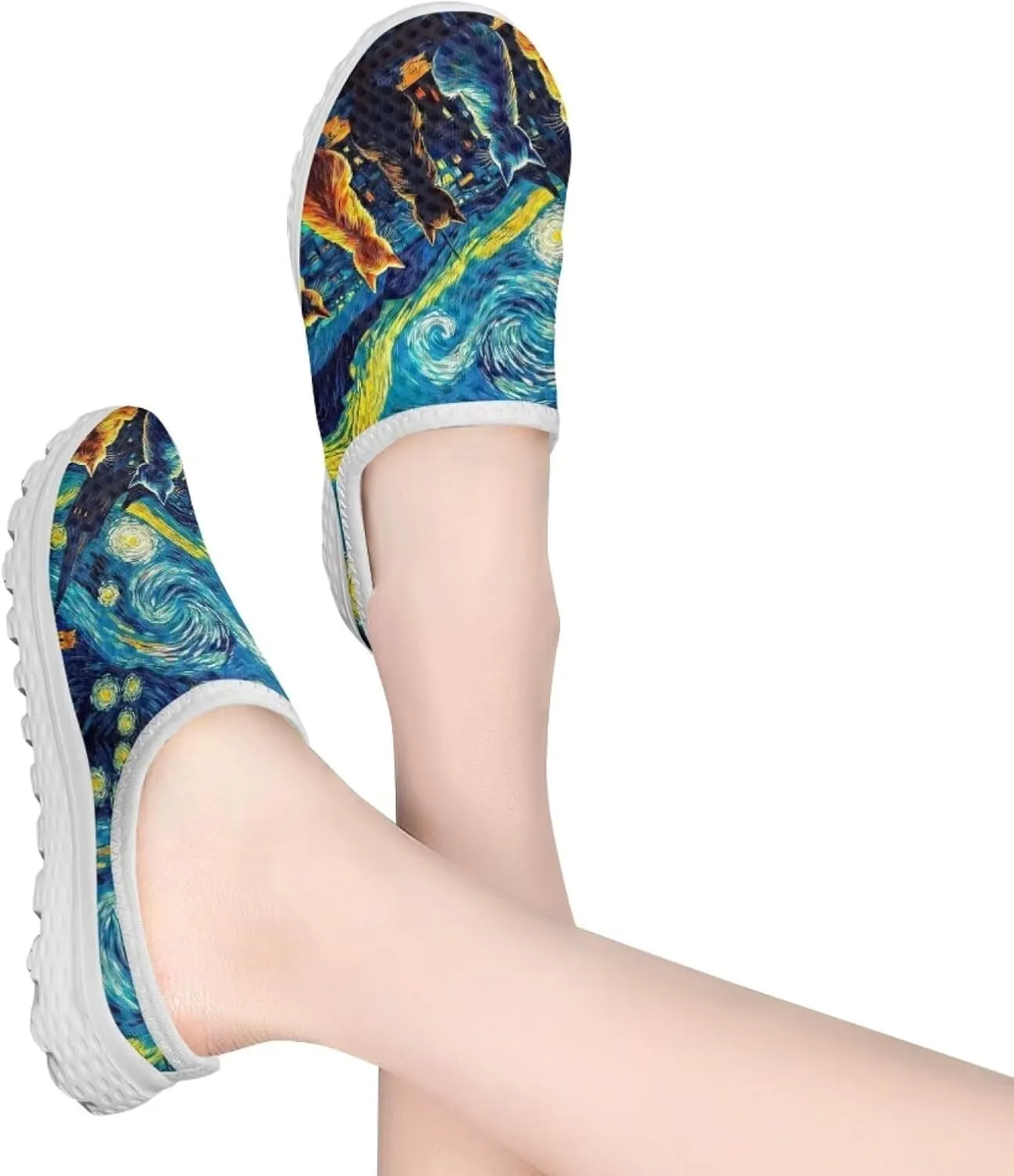 Jeiento Womens Slip On Mules Shoes Cute Cat Shoes Mesh Breathable Walking Sneakers Backless Fashion Sneakers