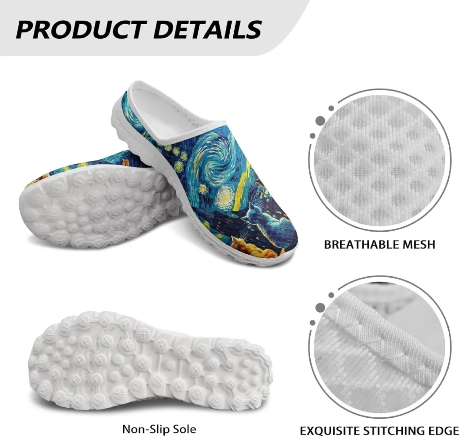 Jeiento Womens Slip On Mules Shoes Cute Cat Shoes Mesh Breathable Walking Sneakers Backless Fashion Sneakers