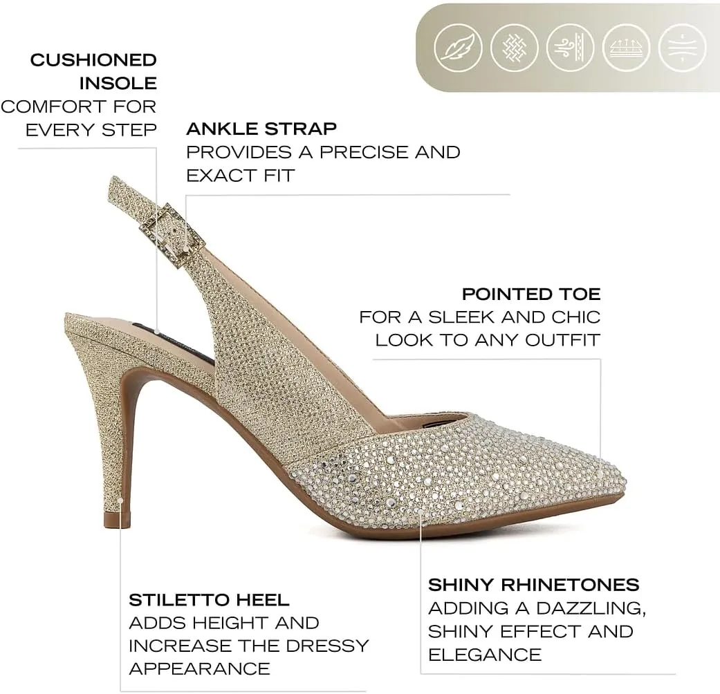 Jones New York Women's Rhinestone Mid Heel Pumps with Buckle Strap and Pointed Toe - Medium and Wide Width Sizes