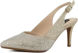 Jones New York Women's Rhinestone Mid Heel Pumps with Buckle Strap and Pointed Toe - Medium and Wide Width Sizes